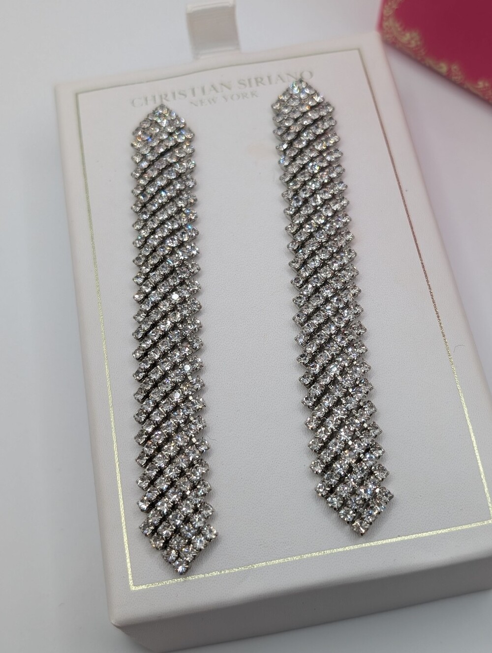Christian Siriano Silver Crystal Linear Drop Earrings with Pink Box